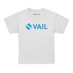 Vail Youth T-Shirt featured with Mtns Co Trail Map Logo on a gray shirt, perfect for young ski enthusiasts.