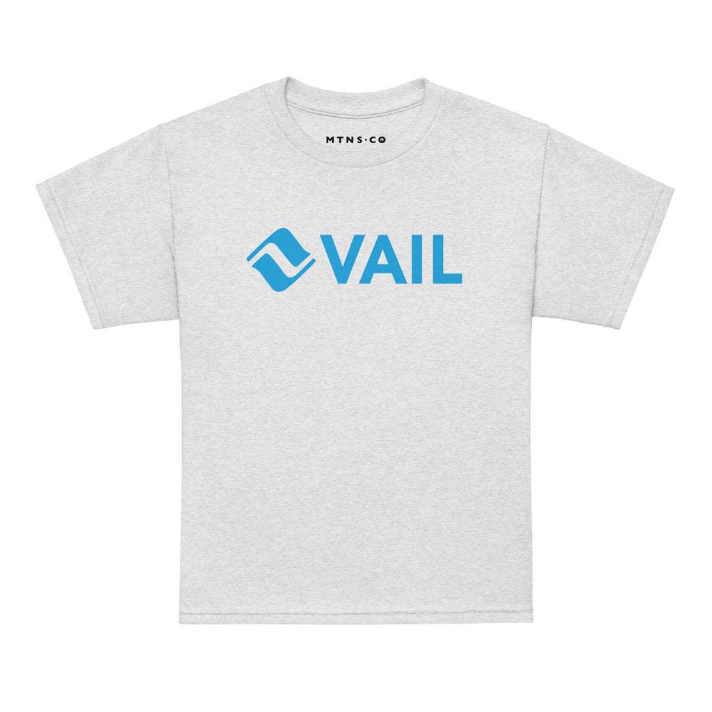 Vail Youth T-Shirt featured with Mtns Co Trail Map Logo on a gray shirt, perfect for young ski enthusiasts.