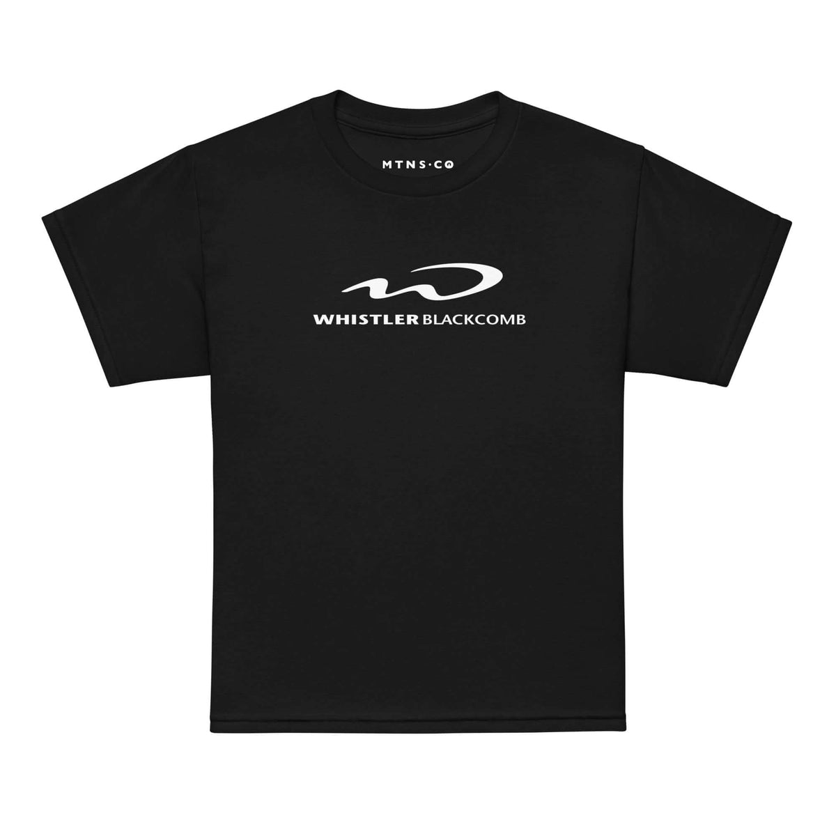 Whistler Blackcomb Youth T-Shirt featuring Mtns Co Trail Map Logo, premium black cotton tee for kids.