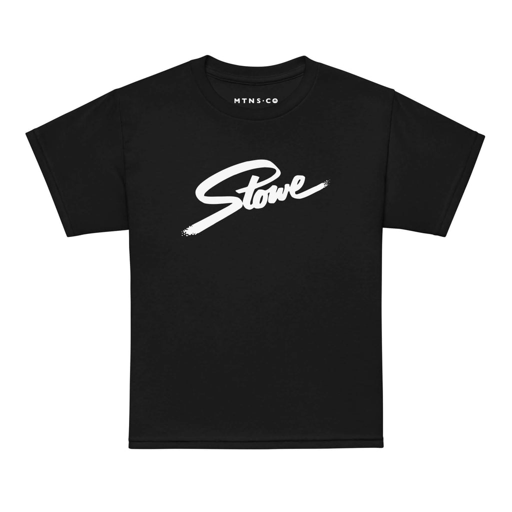 Stowe Youth T-Shirt showcasing Mtns Co Trail Map Logo on a premium black fabric shirt.