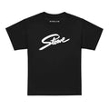 Stowe Youth T-Shirt showcasing Mtns Co Trail Map Logo on a premium black fabric shirt.