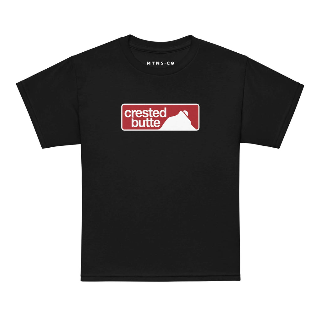 Crested Butte Youth T-Shirt featuring Mtns Co Trail Map Logo on black fabric, perfect for young skiers.