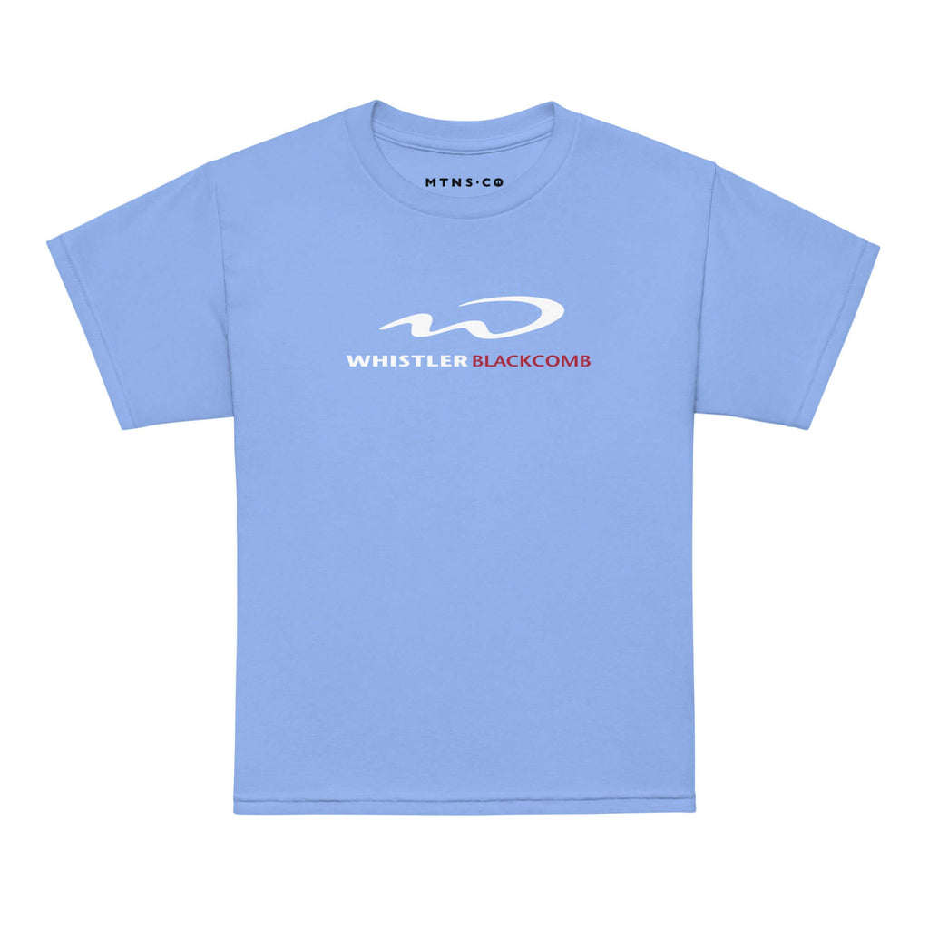 Whistler Blackcomb Youth T-Shirt featuring MTNS CO logo on soft cotton fabric, perfect for kids who love skiing.