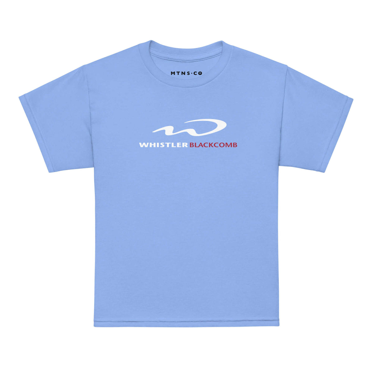 Whistler Blackcomb Youth T-Shirt featuring MTNS CO logo on soft cotton fabric, perfect for kids who love skiing.
