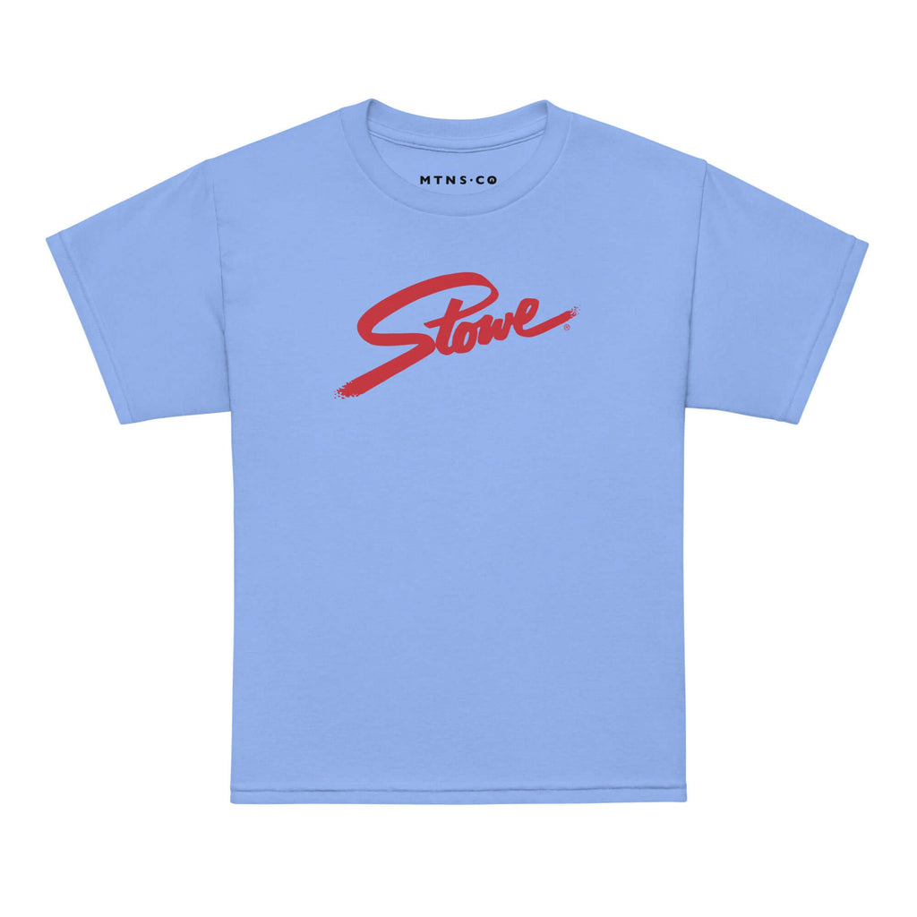 Stowe Youth T-Shirt from Mtns Co, featuring a vibrant blue color and official Stowe Trail Map Logo.