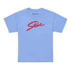 Stowe Youth T-Shirt from Mtns Co, featuring a vibrant blue color and official Stowe Trail Map Logo.