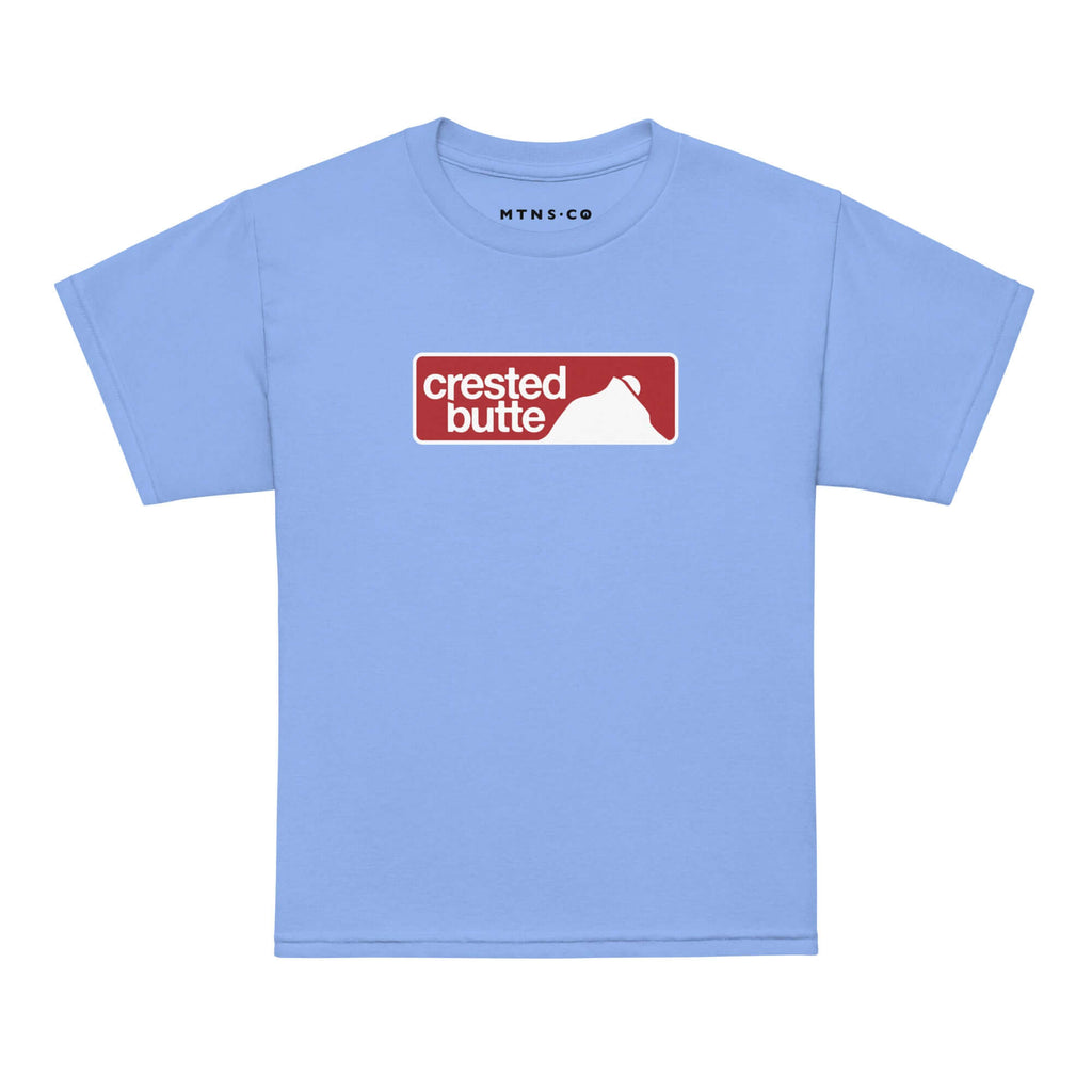 Crested Butte Youth T-Shirt featuring Mtns Co Trail Map Logo on a light blue background.