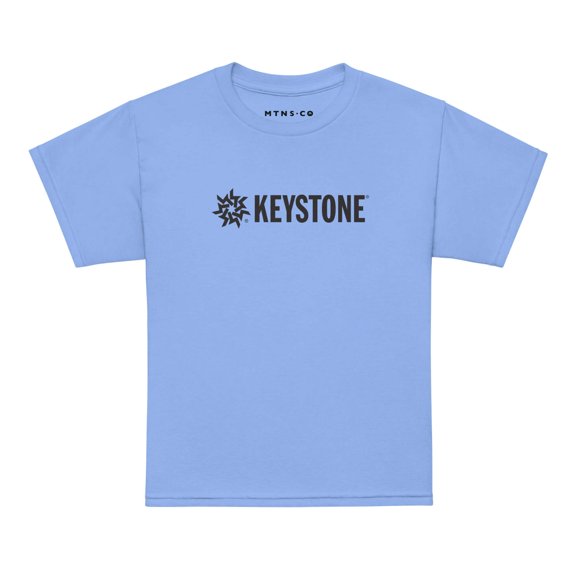 Keystone Youth T-Shirt in light blue with Mtns Co logo, perfect for kids who love Keystone ski resort.