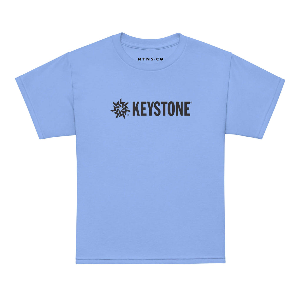 Keystone Youth T-Shirt in light blue with Mtns Co logo, perfect for kids who love Keystone ski resort.