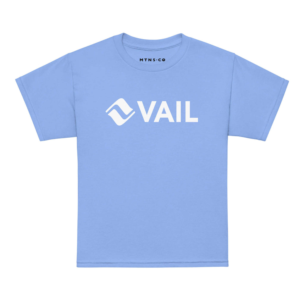 Vail Youth T-Shirt in blue with Mtns Co logo, official licensed ski resort apparel for kids.