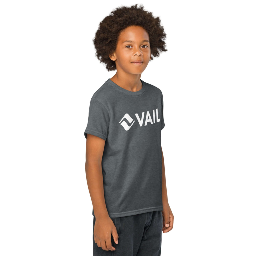 Vail Youth T-Shirt featuring Mtns Co Trail Map Logo, perfect for young skiers who love Vail ski resort.