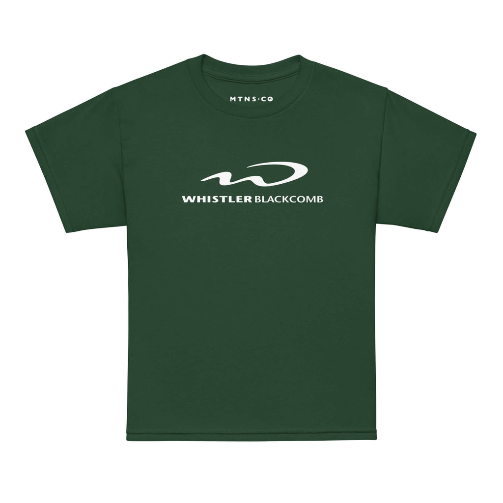 Whistler Blackcomb Youth T-Shirt in forest green by Mtns Co with official trail map logo.