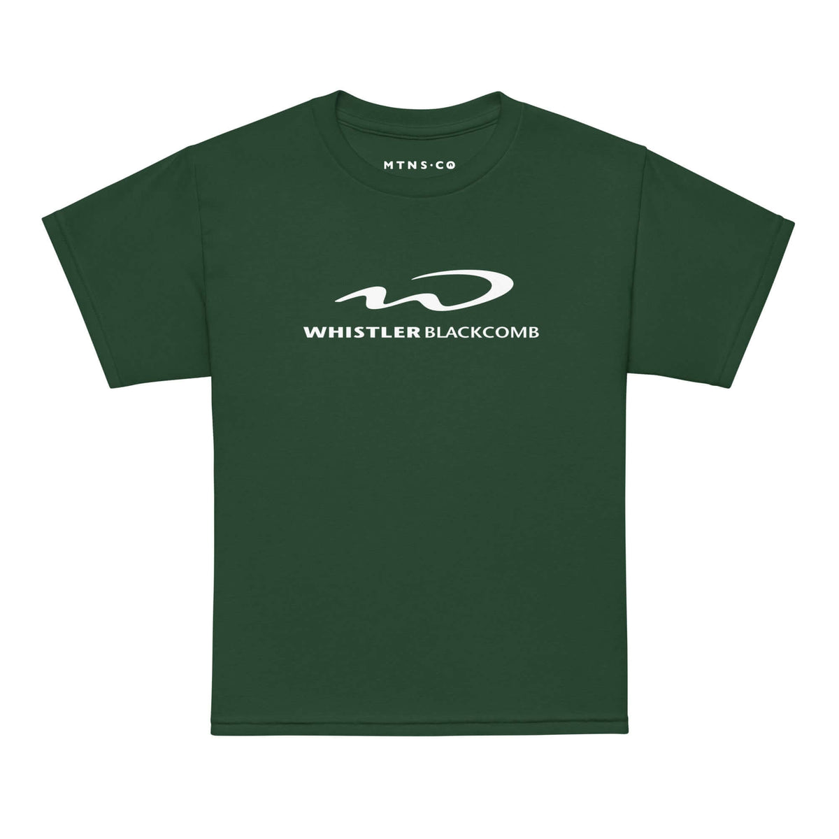 Whistler Blackcomb Youth T-Shirt in forest green by Mtns Co with official trail map logo.