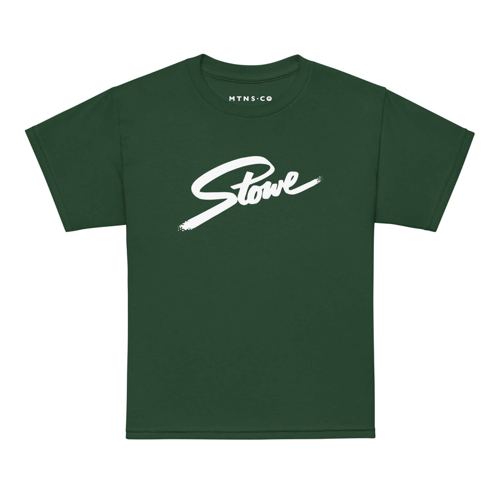Stowe Youth T-Shirt from Mtns Co in green with official Stowe ski resort logo for kids' apparel.