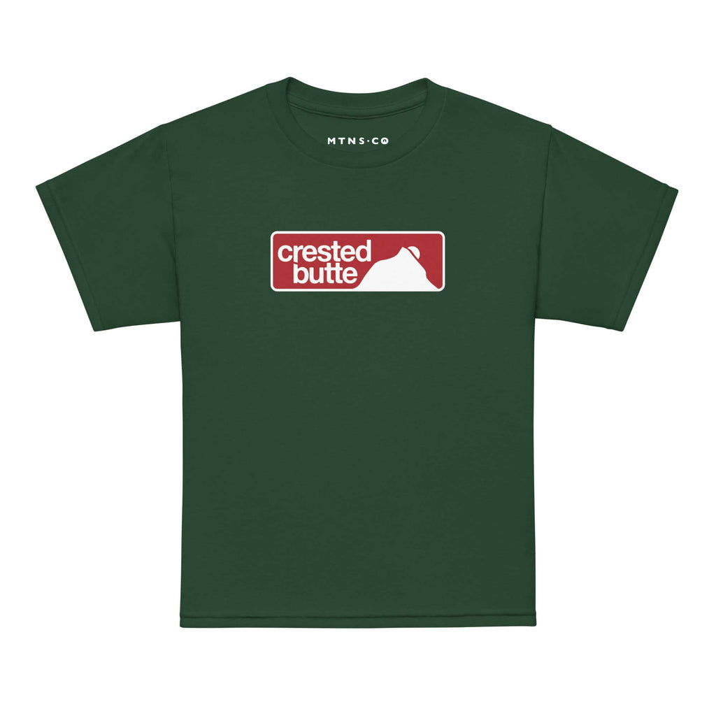 Crested Butte Youth T-Shirt featuring Mtns Co Trail Map Logo in red on a green background.