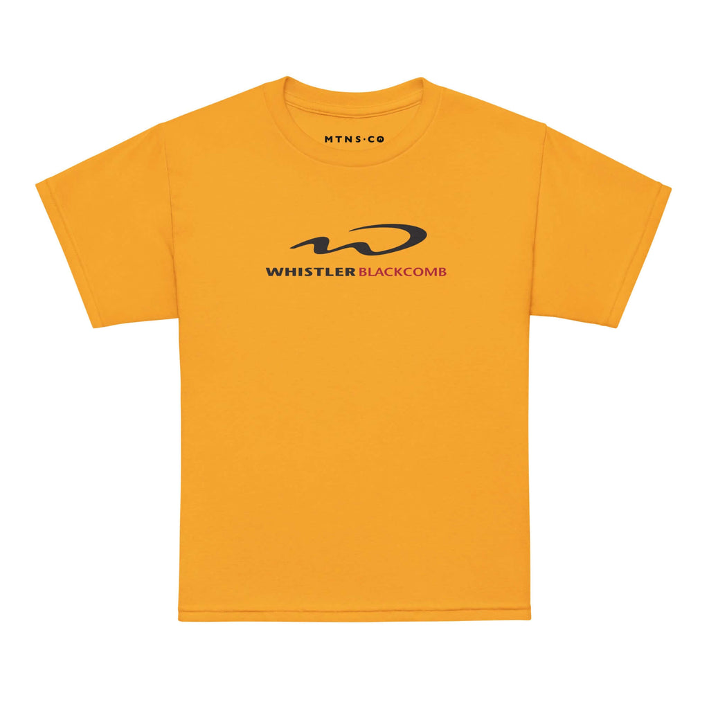 Whistler Blackcomb Youth T-Shirt in yellow by Mtns Co, featuring the official ski resort trail map logo.