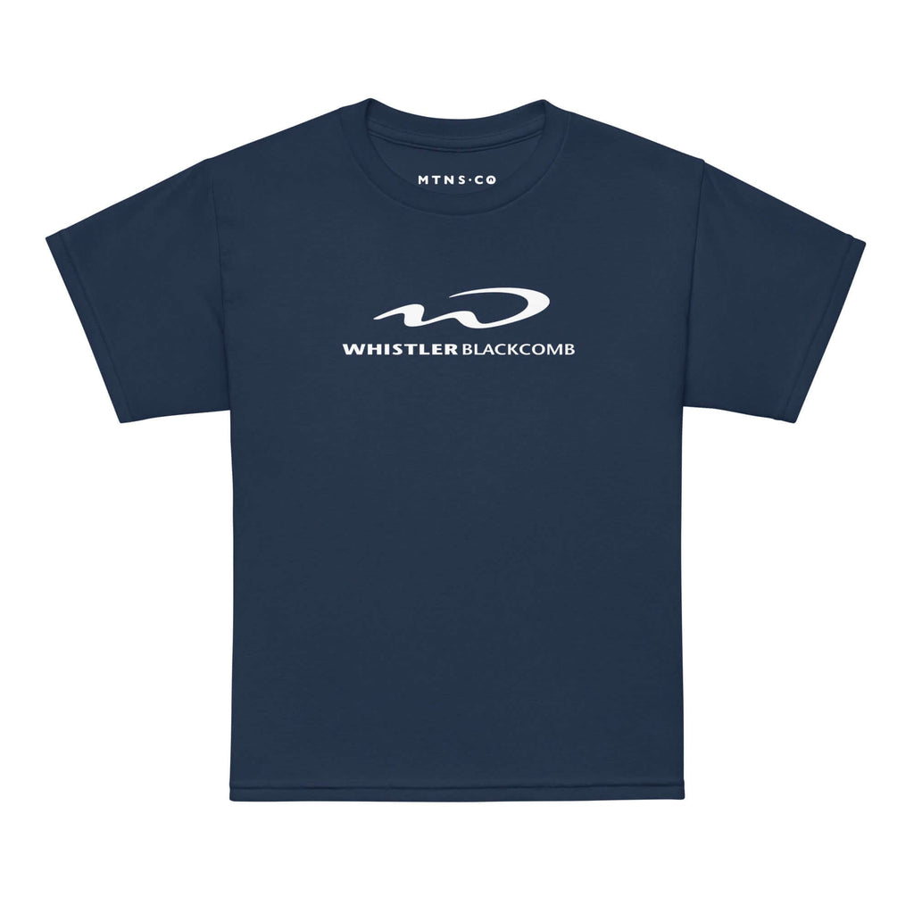 Whistler Blackcomb Youth T-Shirt featuring Mtns Co Trail Map Logo on a navy background.