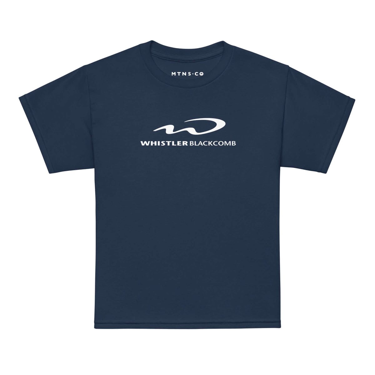 Whistler Blackcomb Youth T-Shirt featuring Mtns Co Trail Map Logo on a navy background.