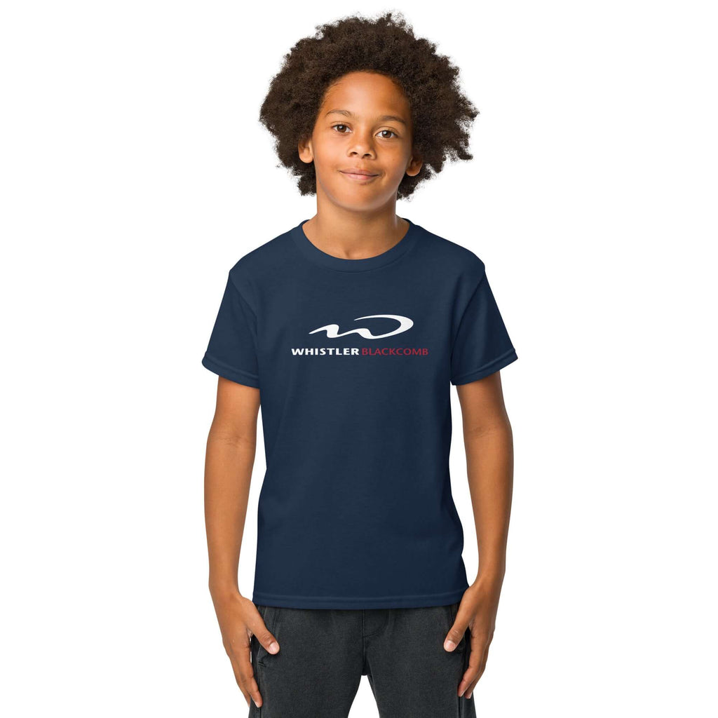 Whistler Blackcomb Youth T-Shirt worn by a child, featuring Mtns Co Trail Map Logo, official licensed ski resort apparel.