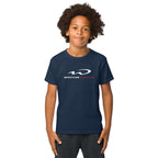 Whistler Blackcomb Youth T-Shirt worn by a child, featuring Mtns Co Trail Map Logo, official licensed ski resort apparel.