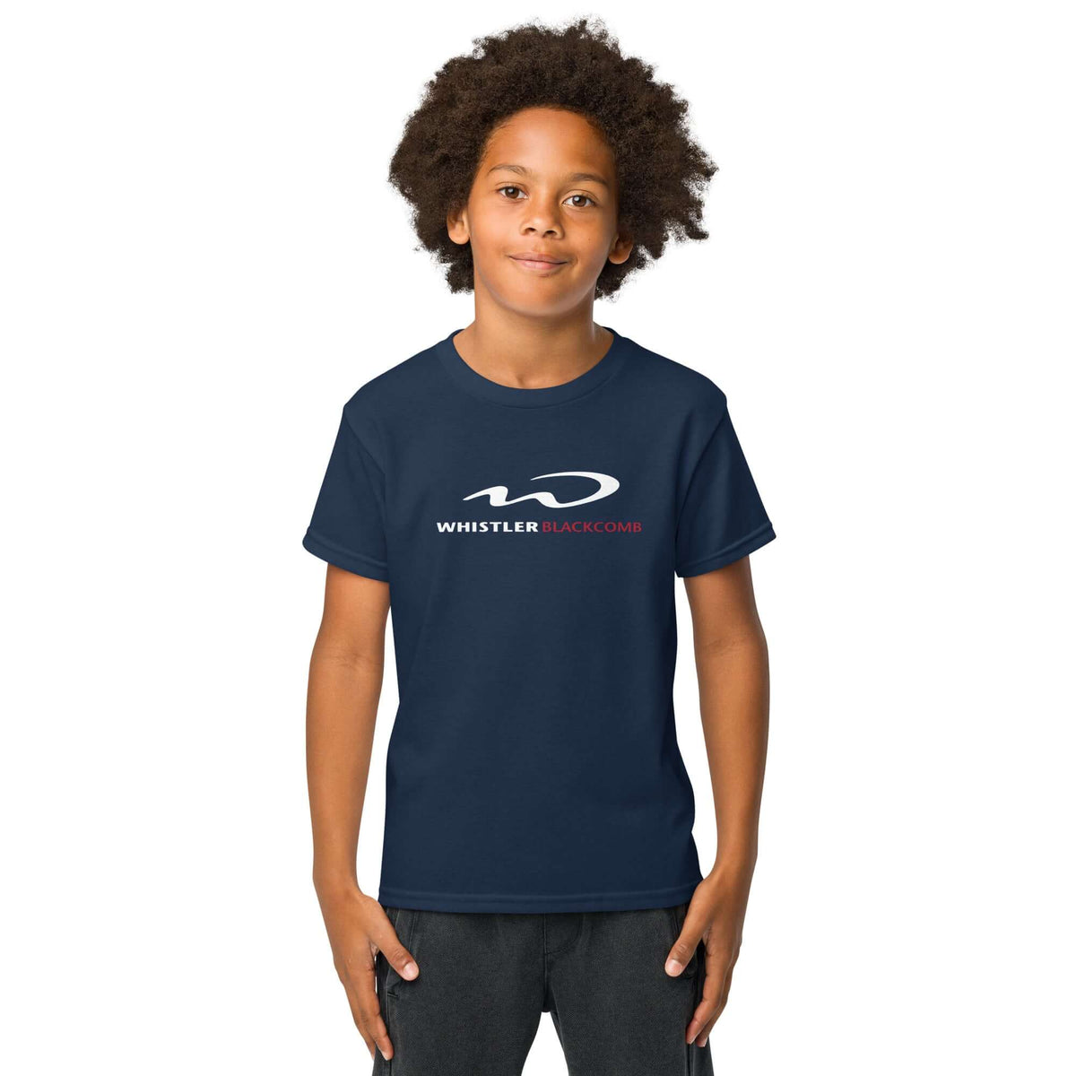 Whistler Blackcomb Youth T-Shirt worn by a child, featuring Mtns Co Trail Map Logo, official licensed ski resort apparel.