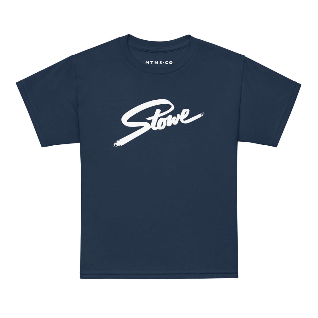 Stowe Youth T-Shirt from Mtns Co featuring the official ski resort apparel with Trail Map Logo, perfect for kids.