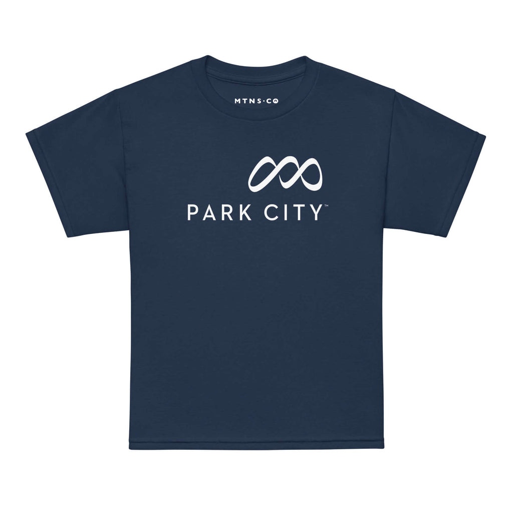Park City Youth T-Shirt by Mtns Co, featuring official ski resort logo on a navy background.