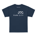 Park City Youth T-Shirt by Mtns Co, featuring official ski resort logo on a navy background.
