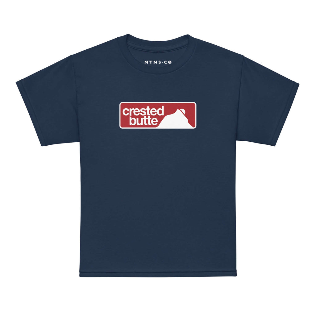 Crested Butte Youth T-Shirt featuring Mtns Co Trail Map Logo in navy color, perfect for young ski enthusiasts.