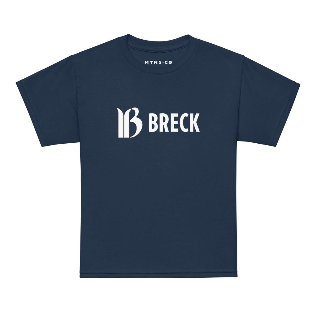 Breckenridge Youth T-Shirt featuring Mtns Co Trail Map Logo on a navy blue background.