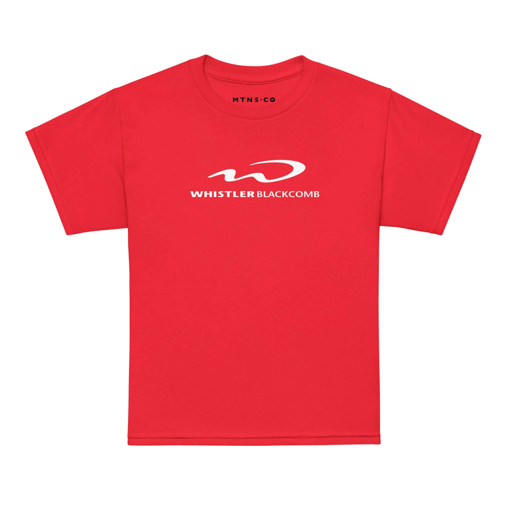 Whistler Blackcomb Youth T-Shirt in red by Mtns Co, featuring a trail map logo and premium soft fabric for kids.