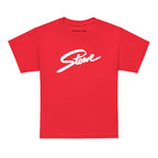 Stowe Youth T-Shirt in red, official licensed ski resort apparel by Mtns Co featuring trail map logo.