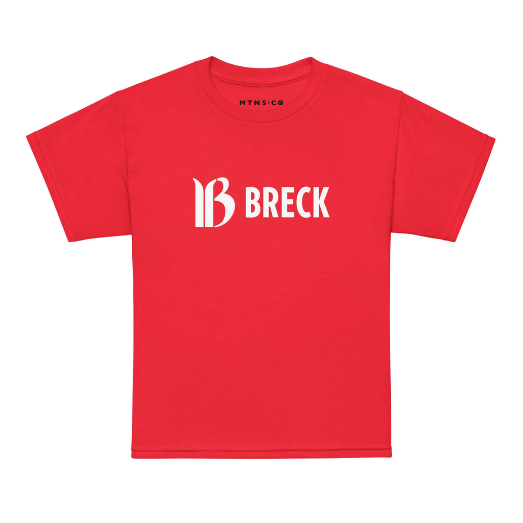Breckenridge Youth T-Shirt featuring Mtns Co Trail Map Logo in bold white on vibrant red fabric.
