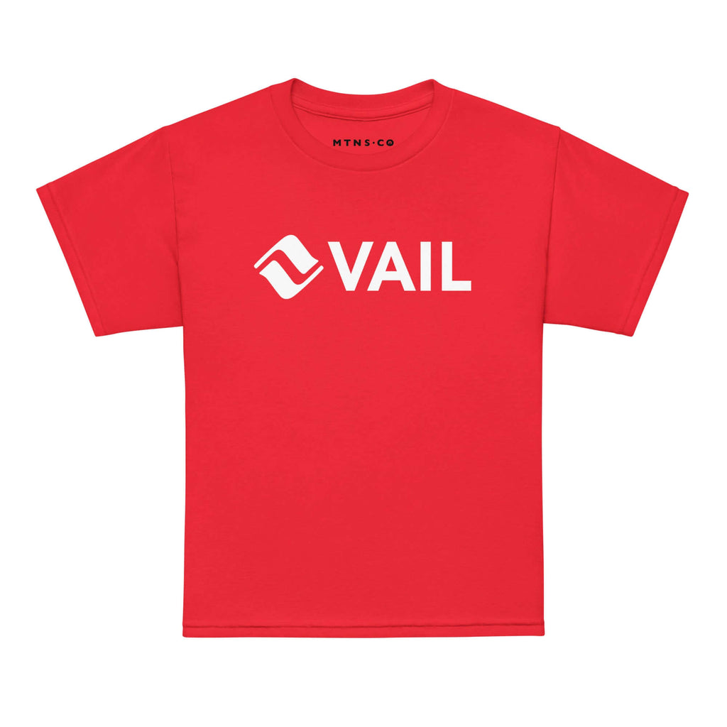 Vail Youth T-Shirt by Mtns Co, official licensed ski resort apparel with trail map logo. Red unisex cotton tee for kids.