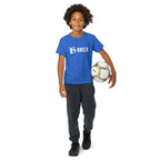 Breckenridge Youth T-Shirt in blue worn by a kid holding a soccer ball, showcasing Mtns Co ski resort apparel.