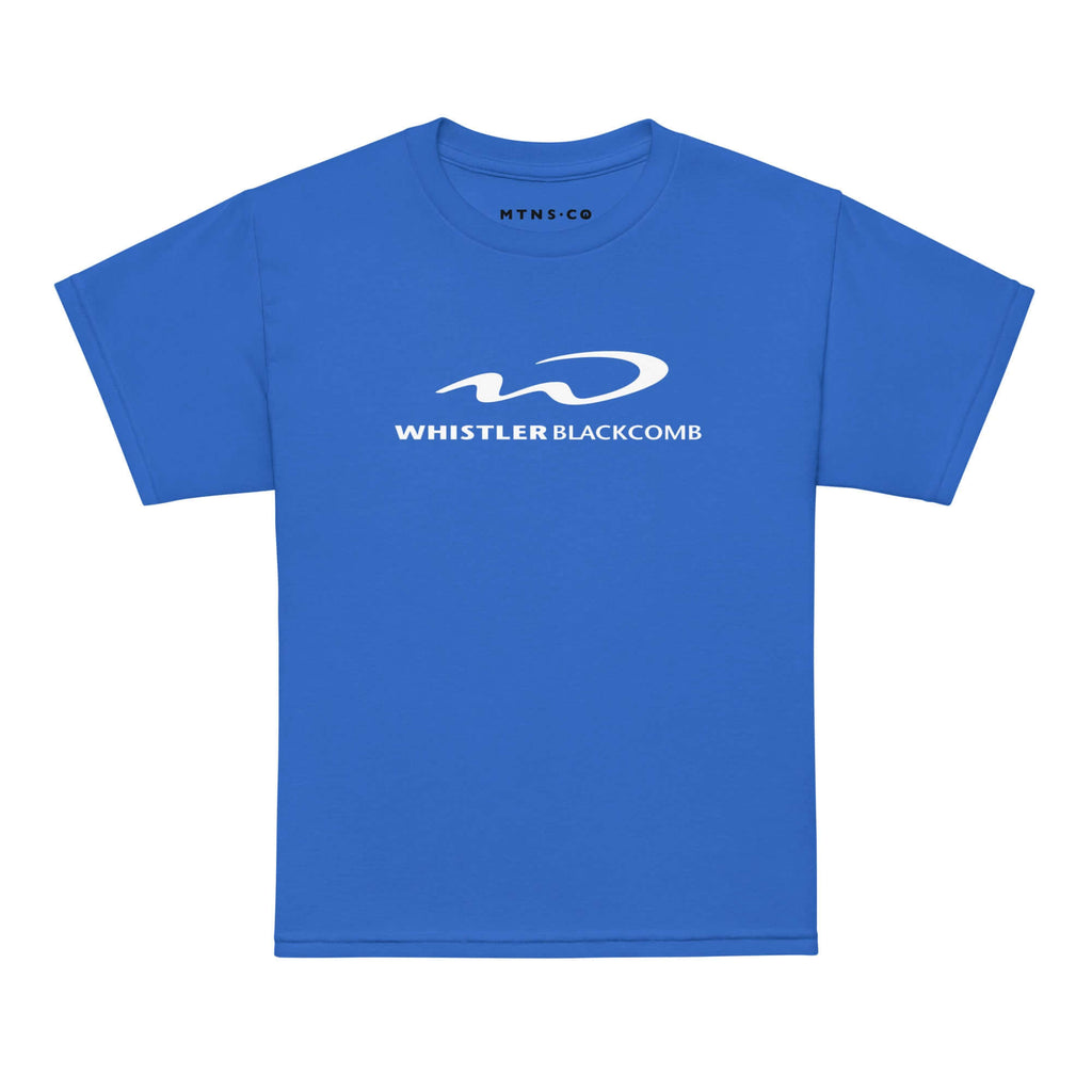 Whistler Blackcomb Youth T-Shirt by Mtns Co in blue, featuring official licensed ski resort apparel with trail map logo.