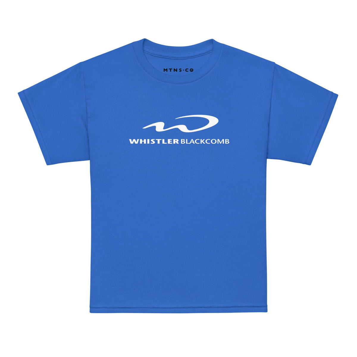 Whistler Blackcomb Youth T-Shirt by Mtns Co in blue, featuring official licensed ski resort apparel with trail map logo.