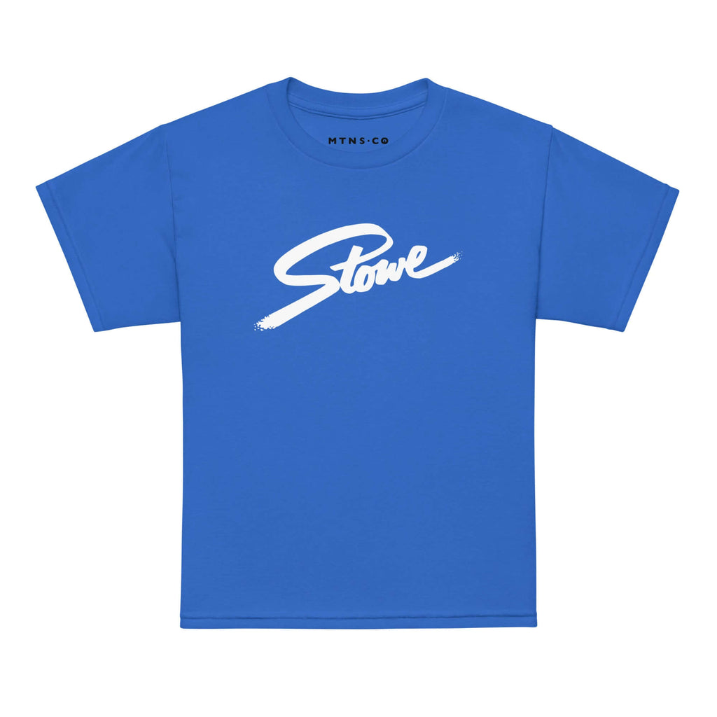 Stowe Youth T-Shirt by Mtns Co, blue premium kids tee featuring official licensed ski resort apparel with Trail Map Logo.