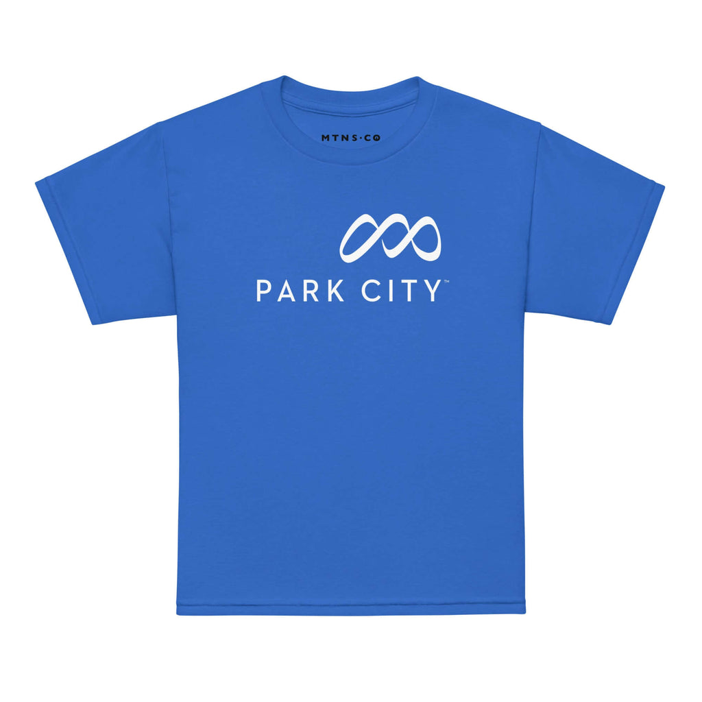 Park City Youth T-Shirt by Mtns Co, featuring official ski resort trail map logo on a vibrant blue shirt.