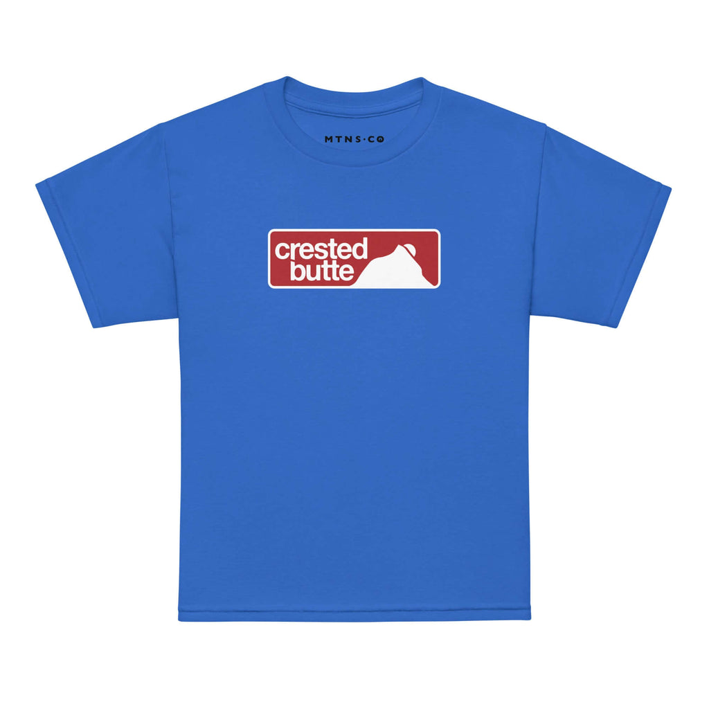 Crested Butte Youth T-Shirt from Mtns Co in blue, featuring official ski resort trail map logo design.