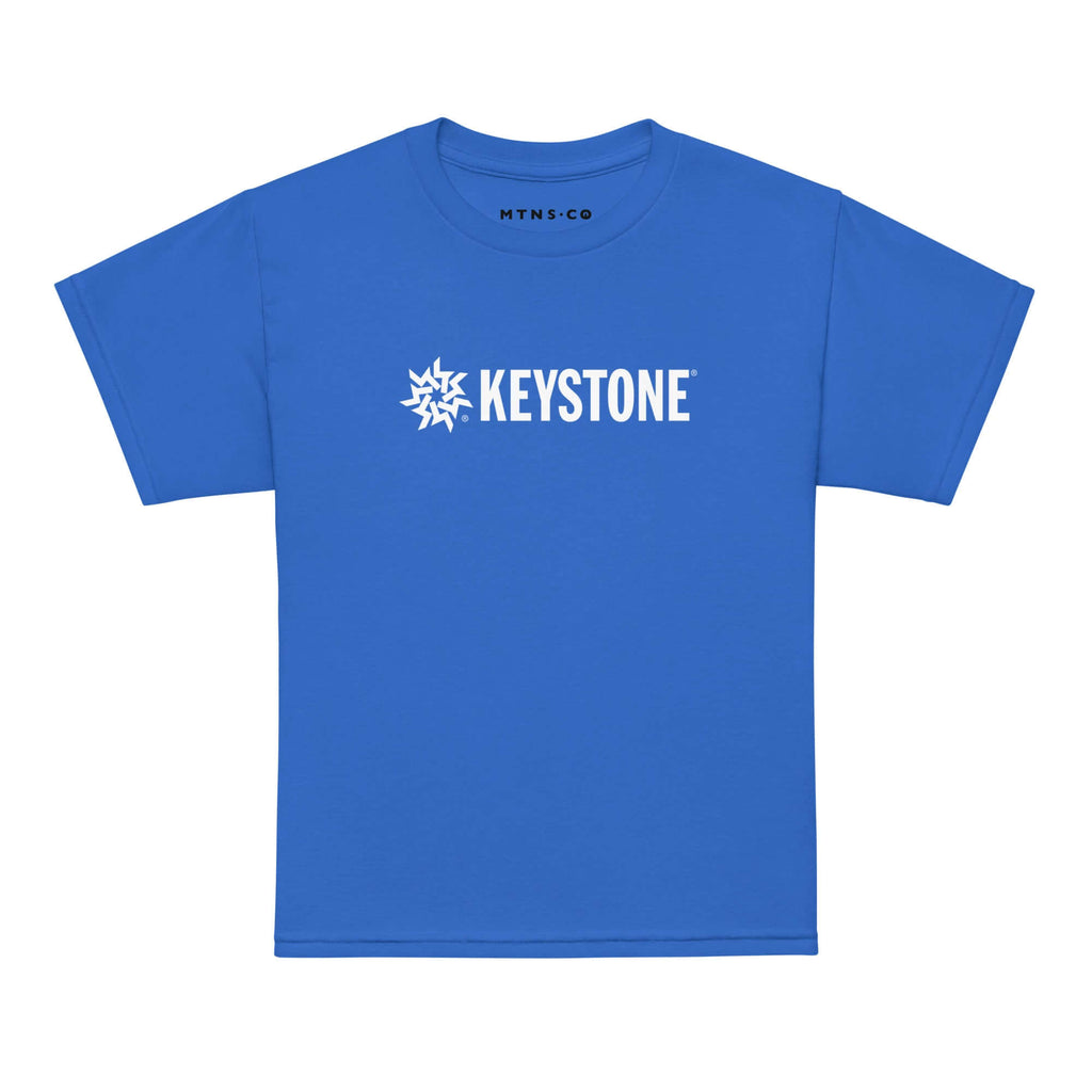 Keystone Youth T-Shirt by Mtns Co, featuring the official trail map logo in blue, perfect for kids who love Keystone.