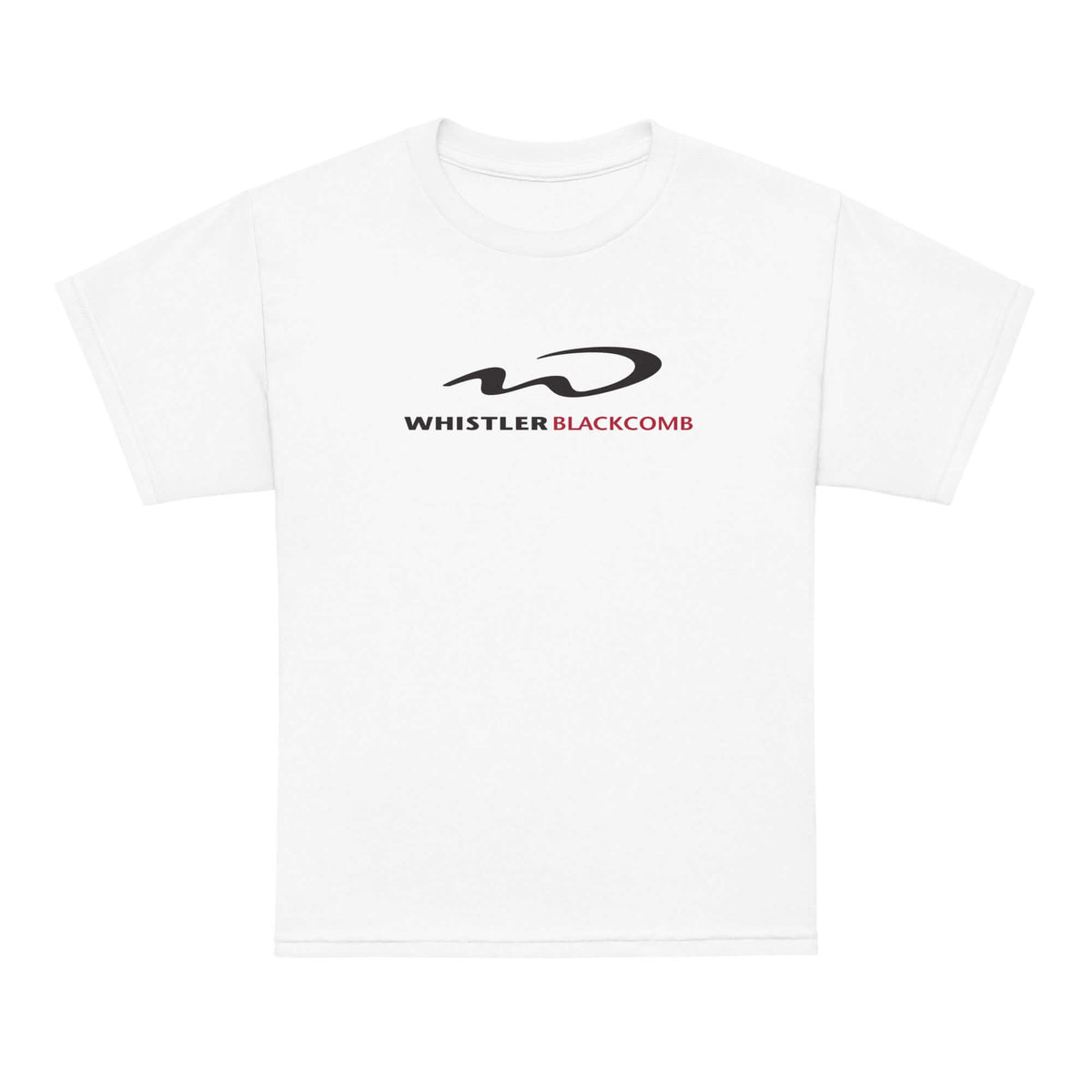 Whistler Blackcomb Youth T-Shirt featuring the official Mtns Co Trail Map Logo on a soft white fabric.