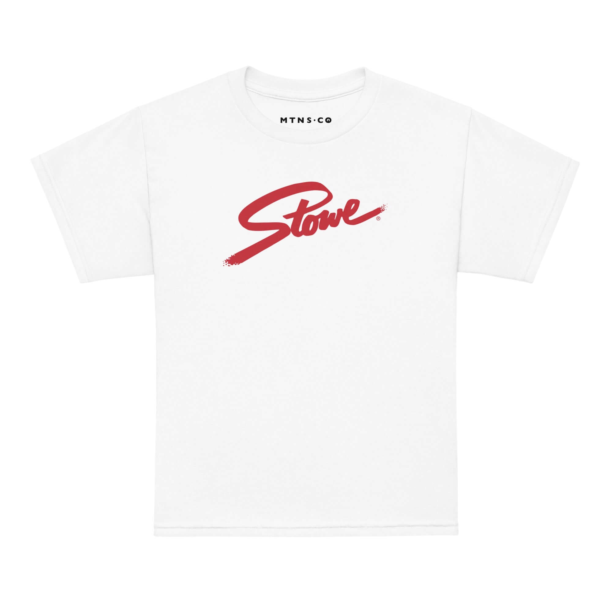 Stowe Youth T-Shirt featuring Mtns Co Trail Map Logo on soft cotton fabric, perfect for young fans of Stowe ski resort.