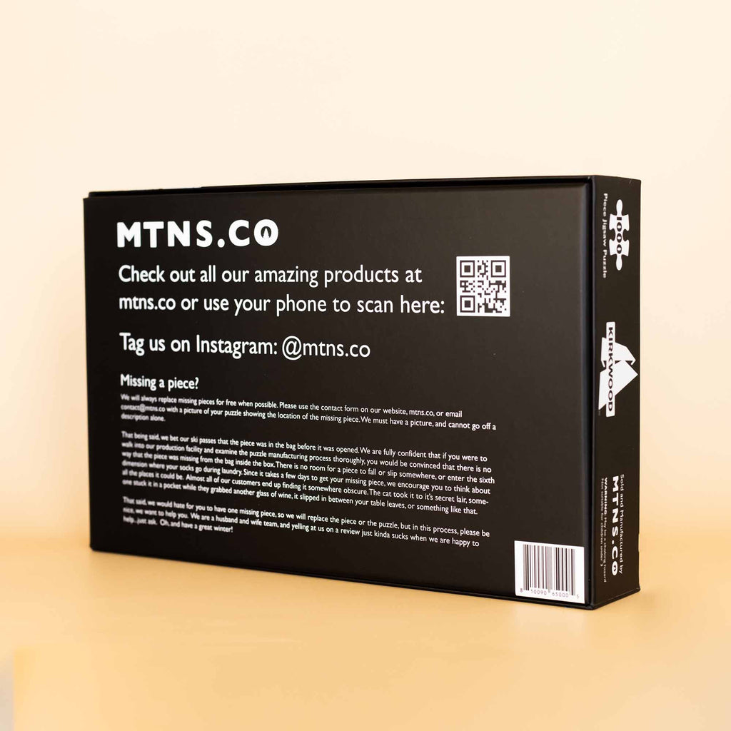 Whistler Ski Resort Jigsaw Puzzle – 1000 Pieces box showcasing Mtns Co branding and product information.