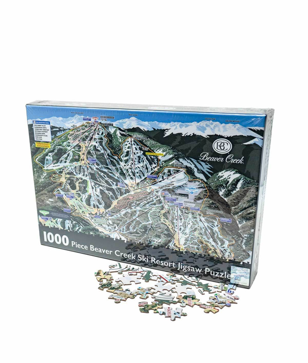 Beaver Creek Ski Resort Jigsaw Puzzle – 1000 Pieces by Mtns Co, featuring a detailed ski trail map and colorful puzzle pieces.