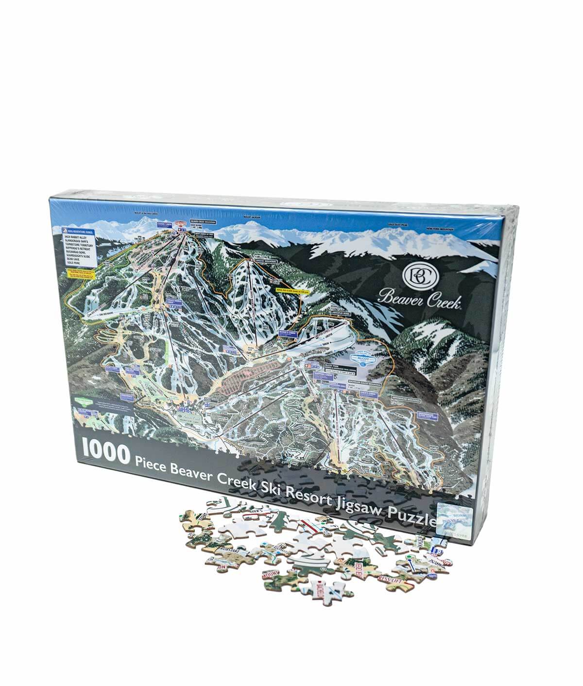 Beaver Creek Ski Resort Jigsaw Puzzle – 1000 Pieces by Mtns Co, featuring a detailed ski trail map and colorful puzzle pieces.