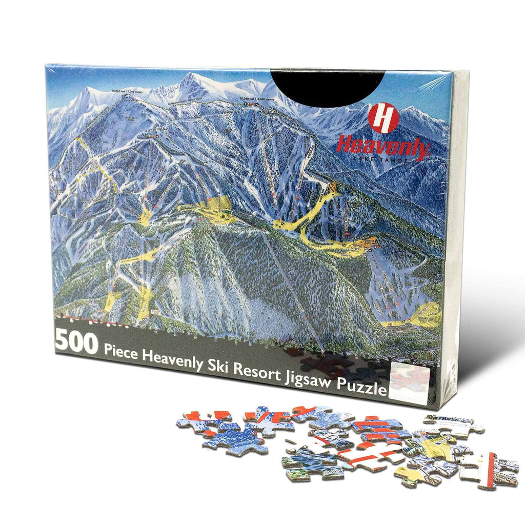 Heavenly Ski Resort Jigsaw Puzzle – 500 Pieces box with pieces showing the official trail map logo by Mtns Co.