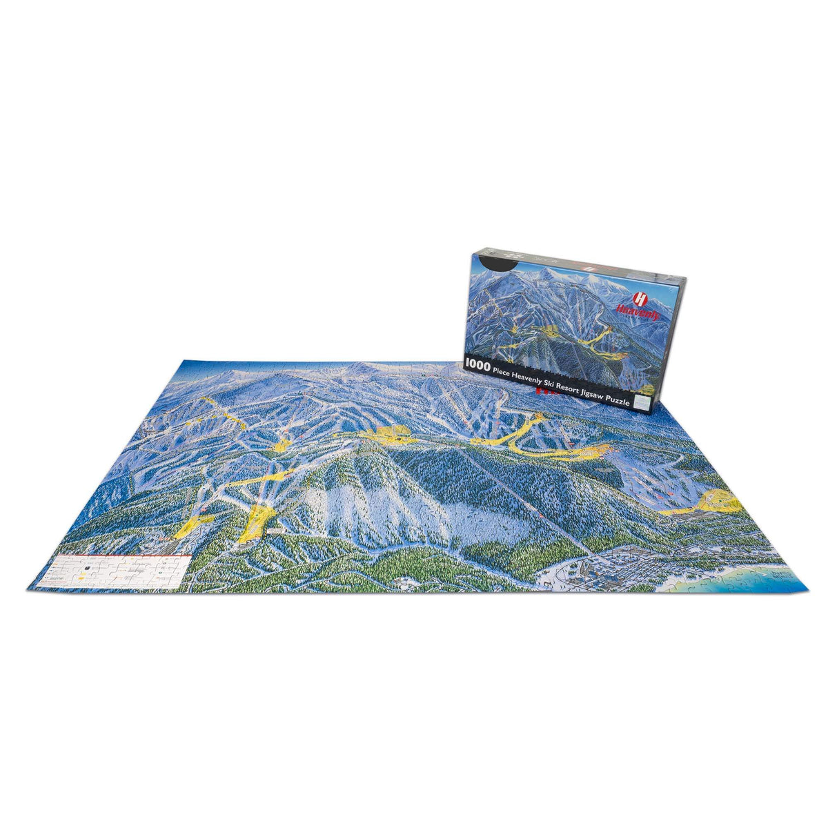 Heavenly Ski Resort Jigsaw Puzzle – 1000 Pieces with trail map design and Mtns Co branding displayed.