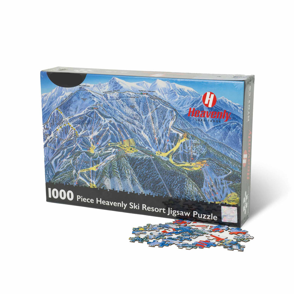 Heavenly Ski Resort Jigsaw Puzzle – 1000 Pieces by Mtns Co with trail map design and puzzle pieces.