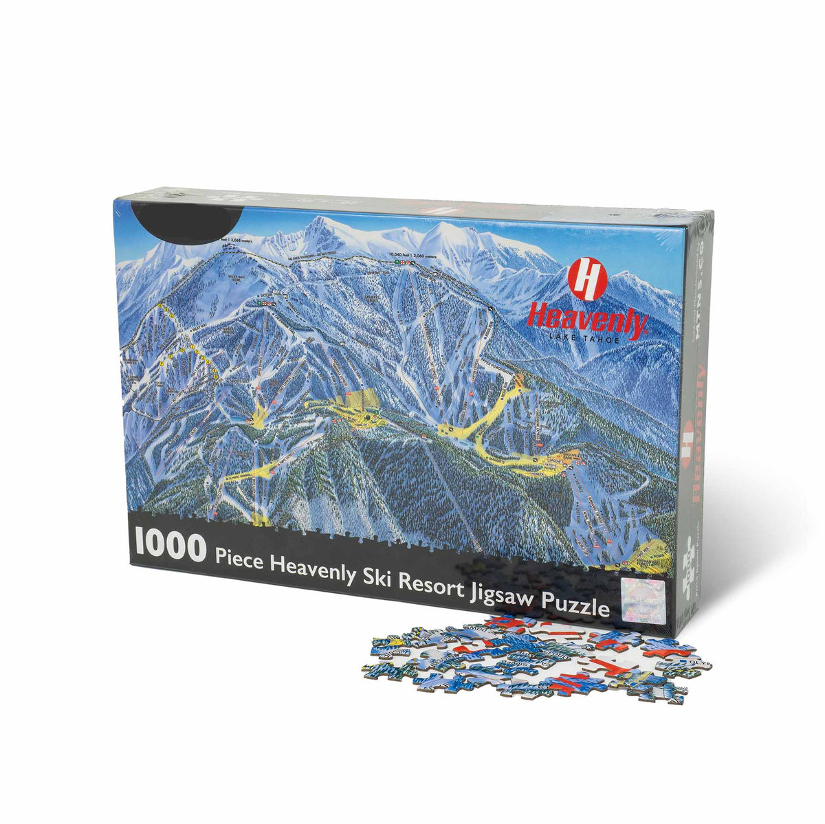 Heavenly Ski Resort Jigsaw Puzzle – 1000 Pieces by Mtns Co with trail map design and puzzle pieces.